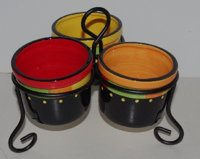 +MBA #1313-114   "Ceramic Multi Colored Triple Server With Metal Stand"