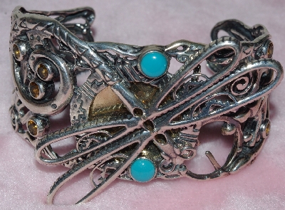 +MBA #1616-0198   "Fritz Casuse Bold Dragonfly Multi-Gemstone Sterlying/Brass Cuff Bracelet"