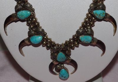 "SOLD"  MBA #1616-203    "Son Of Bear Sterling , Blue Turquoise & Coyote Claw Squash Blossom Necklace" & 