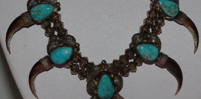"SOLD"  MBA #1616-203    "Son Of Bear Sterling , Blue Turquoise & Coyote Claw Squash Blossom Necklace" & 