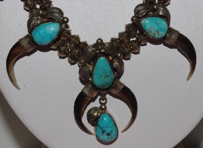 "SOLD"  MBA #1616-203    "Son Of Bear Sterling , Blue Turquoise & Coyote Claw Squash Blossom Necklace" & 