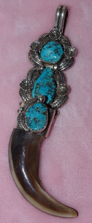 +MBA #1616-0222   "Large Signed Son Of Bear Blue Turquoise Grizzly Bear Claw Pendant"
