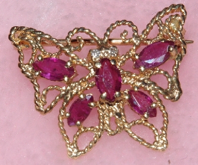 +MBA #1616-320  "Small 14K Yellow Gold Diamond & Ruby Butterfly Pin"
