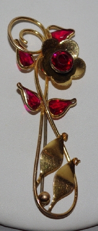 +MBA #1818-0036  "H&O Harvey & Otis 12K Gold Red Glass  Floral Brooch"