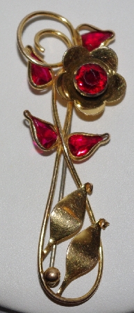 +MBA #1818-0036  "H&O Harvey & Otis 12K Gold Red Glass  Floral Brooch"