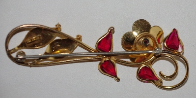 +MBA #1818-0036  "H&O Harvey & Otis 12K Gold Red Glass  Floral Brooch"