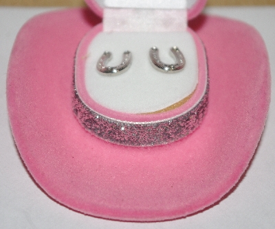 +MBA #1818--0088  "Silvertone Rhinestone Horseshoe Earrings In Pink Hat Box"