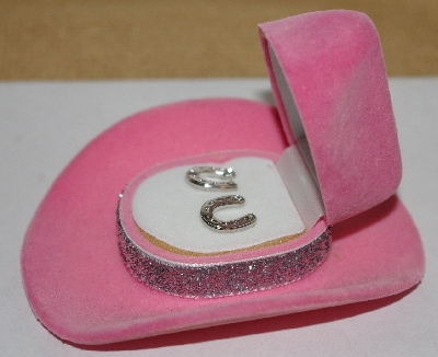 +MBA #1818--0088  "Silvertone Rhinestone Horseshoe Earrings In Pink Hat Box"