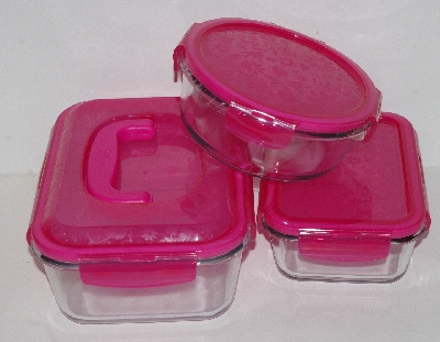 +MBA #2626-0067  "Set Of 3 Pink Lid Glass Lock & Lock Containers"