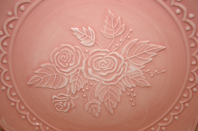 +MBA #2626-062  "2004 Set Of 4 Pink Rose Embossed Ceramic Desert Plates"