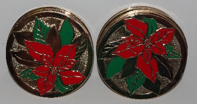MBA #2727-0390   "1990's Set Of 8 Hand Painted Poinsettia Brass Coasters"