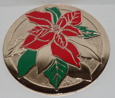 MBA #2727-0390   "1990's Set Of 8 Hand Painted Poinsettia Brass Coasters"