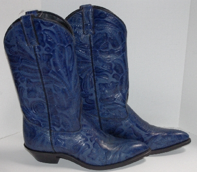 +MBA #2929-0111   "1990's Code West French Blue Hand Tooled Leather Cowboy Boots"
