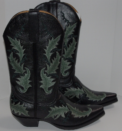 +MBA #2929-0129   "The Manuel Collection Limited Edition Black Leather /Green Leaves Embroidery Cowboy Boots"