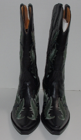 +MBA #2929-0129   "The Manuel Collection Limited Edition Black Leather /Green Leaves Embroidery Cowboy Boots"