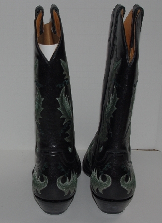 +MBA #2929-0129   "The Manuel Collection Limited Edition Black Leather /Green Leaves Embroidery Cowboy Boots"