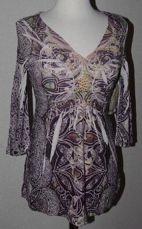 +MBA #2929-270   "One World Olive Sweater Knit 3/4 Sleeved Embelished Top With lace Back Cardigan Set"