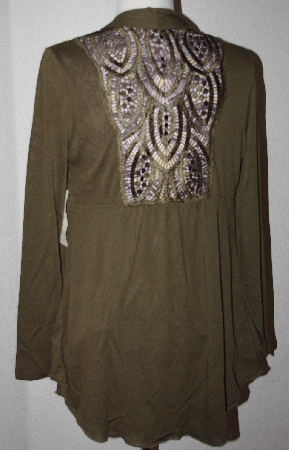 +MBA #2929-270   "One World Olive Sweater Knit 3/4 Sleeved Embelished Top With lace Back Cardigan Set"