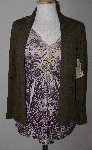 +MBA #2929-270   "One World Olive Sweater Knit 3/4 Sleeved Embelished Top With lace Back Cardigan Set"