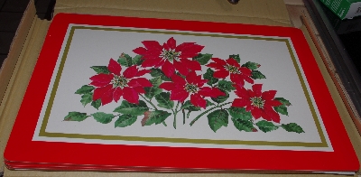MBA #3030-262  "Set Of 4 Wooden Corked Backed  Red Poinsettia Place Mats"