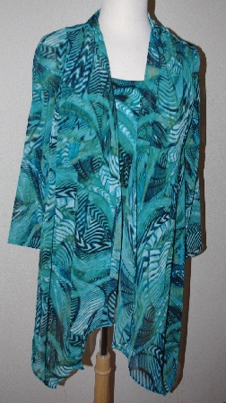 +MBA #3030-0111  "Kate & Mallory Teal Printed Chiffon Roll Tab Sleeved Cascade Cardigan & Knit Tank Set"