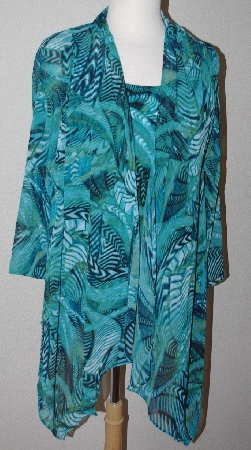 +MBA #3030-0111  "Kate & Mallory Teal Printed Chiffon Roll Tab Sleeved Cascade Cardigan & Knit Tank Set"