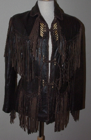 +MBA #3131-0741   "Tribe Ladies Brown Leather Buffalo Bone Bead Tie Front Lacket"