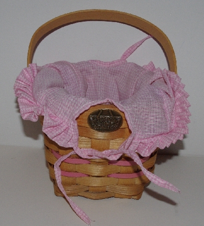 +MBA #3333-205    "Small Peterboro Basket With Pink Leather Accents & Pink Gingham Liner"