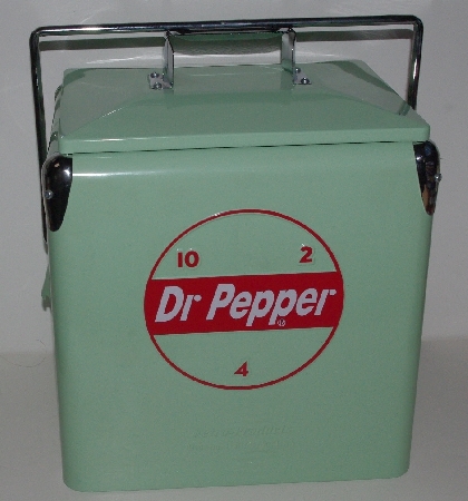 +MBA #3434-351   "Retro Products Green With Red Lettering Doctor Pepper All Steel 6-Pack Cooler"