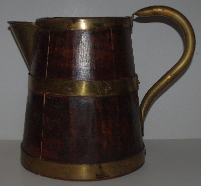 +MBA #3434-0007    "Large Vintage Wood Planked & Brass Banded Pitcher"