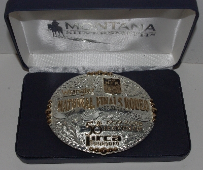 "SOLD"  MBA #3434-0039    "Montana Silversmiths Limited Edition 2008 Wrangler National Finals Rodeo 50th Anniversary 1959 To 2008 Belt Buckle"