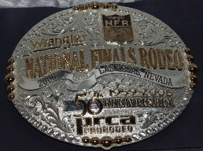 "SOLD"  MBA #3434-0039    "Montana Silversmiths Limited Edition 2008 Wrangler National Finals Rodeo 50th Anniversary 1959 To 2008 Belt Buckle"