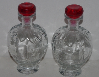 +MBA #3535-1080   "1990's Set Of 2 Strawberry Shaped & Embossed Clear Glass Decantors With Stoppers"