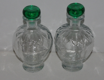 +MBA #3535-1084  "1990's Set Of 2 Clear Glass Strawberry Shaped & Embossed Decantor Bottles With Green Stoppers"