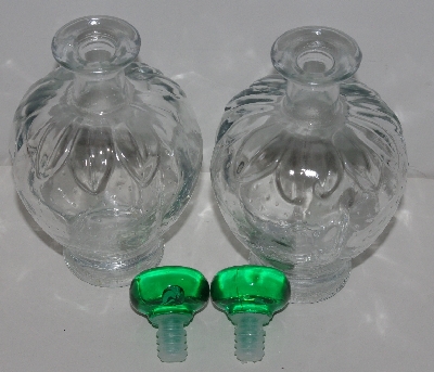 +MBA #3535-1084  "1990's Set Of 2 Clear Glass Strawberry Shaped & Embossed Decantor Bottles With Green Stoppers"
