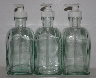 +MBA #3535-1089   "2003 Set Of 3 Riekes Spanish Green Glass Square Dispenser Bottles With Pump"