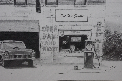 +MBA #3535-155   "Hot Rod Garage 55 Chevy Belair Pencil Print By Artist Ian E. Jones"