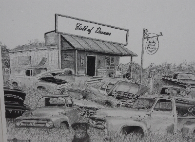 +MBA #3535-161   "Field Of Dreams Hot Rod Pencil Classic Chevy Truck  Junk Yard Pencil Print By Artist Ian E. Jones"