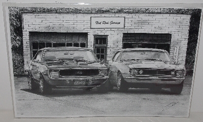 +MBA #3535-167   "Hot Rod Garage 2 Classic Chevy Cameros Signed Pencil Print By Artist Ian E. Jones"