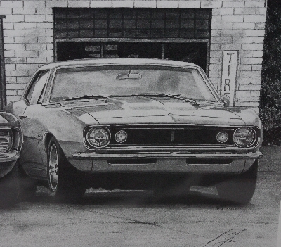 +MBA #3535-167   "Hot Rod Garage 2 Classic Chevy Cameros Signed Pencil Print By Artist Ian E. Jones"