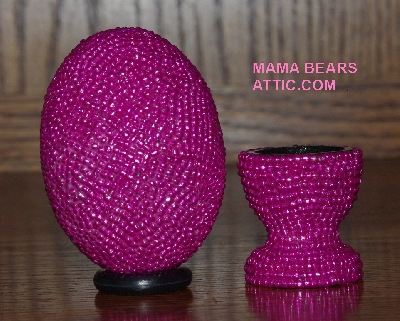 +MBA #4242-1507   "Dark Metallic Pink Glass Beaded Egg With Matching Egg Cup"