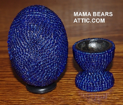 +MBA #4242-1515-  "Dark Blue Glass Seed Bead Egg With Matching Egg Cup"