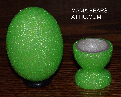 +MBA #4242-1532  "Transparent Lime Green Glass Seed Bead Egg With Matching Egg Cup"