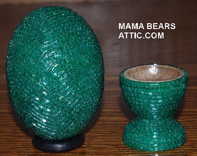 +MBA #4242-1542  "2 Cut Green Glass Seed Bead Egg With Matching Egg Cup"
