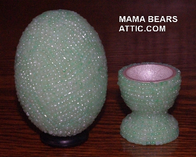 +MBA #4242-1576  "Pearl Mint Green Glass Seed Bead Egg With Matching Egg Cup"
