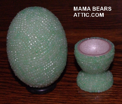 +MBA #4242-1576  "Pearl Mint Green Glass Seed Bead Egg With Matching Egg Cup"