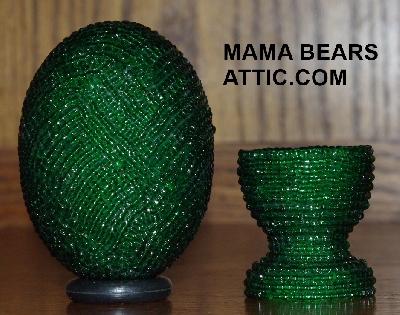 +MBA #4242-1680  "Green Glass Seed Bead Egg With Matching Egg Cup"