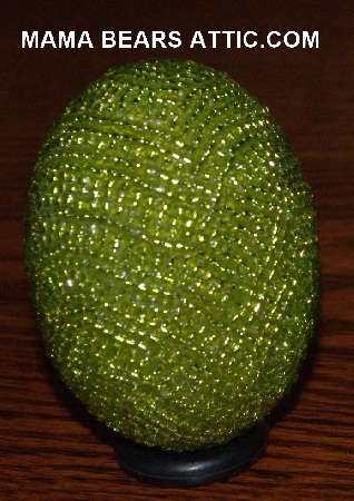 +MBA #4242-1691  "Silver Lined Lime Green Glass Seed Bead Egg With Matching Egg Cup"