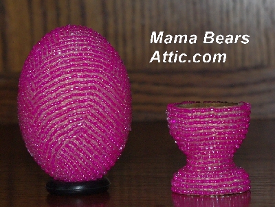 +MBA #5555-0016  "Bright Pink Lined Glass Seed Bead Egg With Matching Egg Cup"