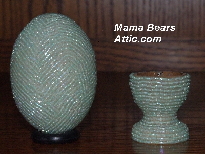 +MBA #5555-0045  "2 Cut Mint Green Glass Seed Bead Egg With Matching Egg Stand"
